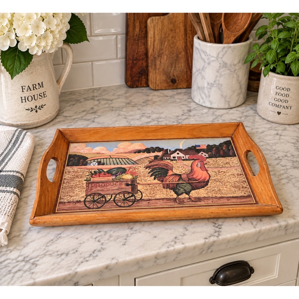 Vintage Farmhouse Wooden Serving Tray Rooster Folk Art Produce Wagon Farm Scene